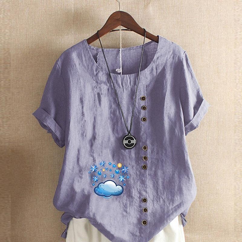 Women's Fashion Round Neck Short Sleeve T-shirt Casual Cotton Linen Graphic Shirt Leisure Loose Cloud Prined Summer Blouse Tops