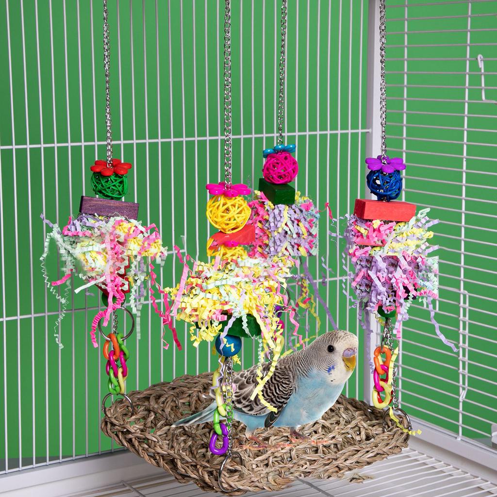 Bird Cockatiel Toys Foraging Swing Mat Rattan Small Bird Hanging Swing Foraging Toy for Birds Shredding Seagrass