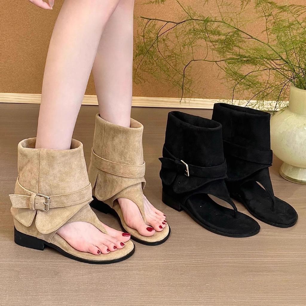 Natal Spice Girls Boots! Suede toe inner heightening trouser boots women's summer one-word buckle thick heel cool boots