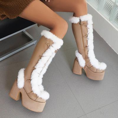 GIGIFOX Futrzane buty na wysokim obcasie z platformą do połowy łydki dla kobiet ze sztucznego zamszu z okrągłym noskiem i zamkiem bocznym, sznurowane, ciepłe buty typu casual