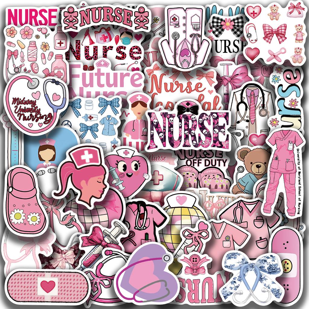 50 stuks Roze Strik Verpleegster Stickers Stethoscoop Naald DIY Decoratie voor Boek Envelop Telefoon Computer Leuke Doodle Stickers