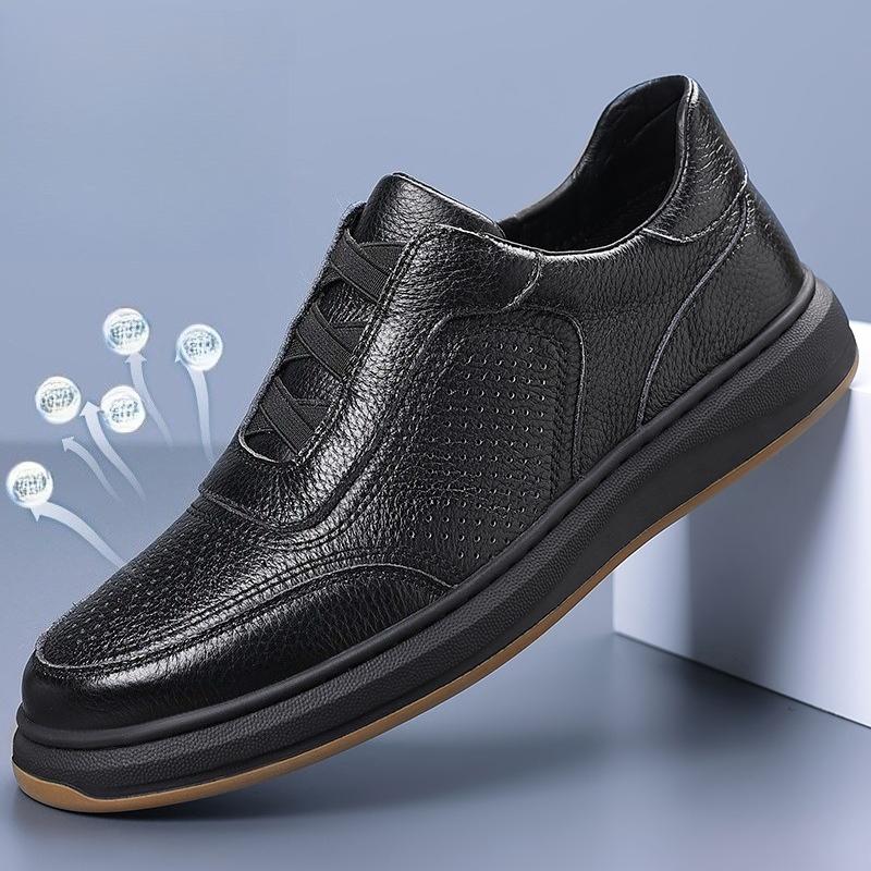 Fashion Men's Slip on Leather Shoes Autumn New Hollow Breathable Fashion Casual Shoes Comfortable Height Increase Outdoor Non Slip Flats