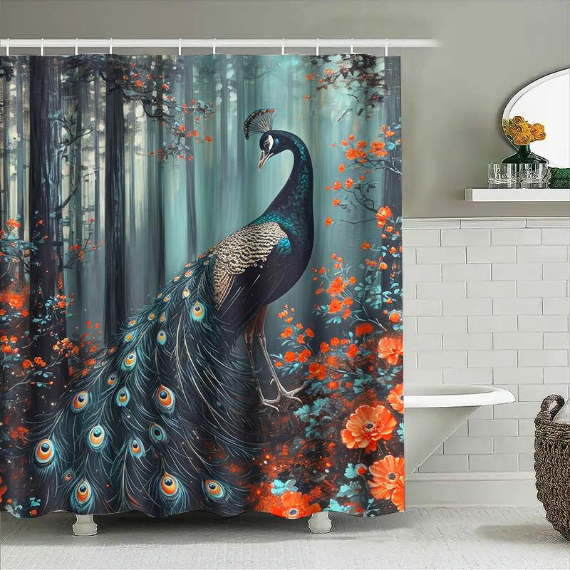 Forest peacock pattern waterproof and mildew-proof shower curtain family bathroom partition curtain mysterious art style