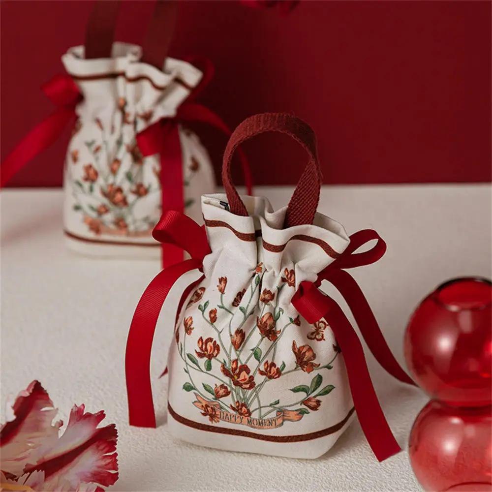 New Wedding Candy Bag Portable Canvas Gift Bag Party Wedding Goodie Packing Box Simple Red Green Handheld Gift Storage Bags