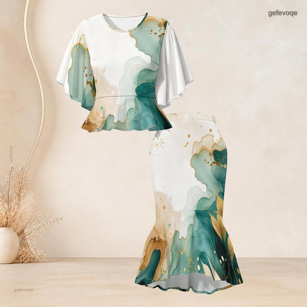 Women Plus Size Blue Gold Printed Round Neck Batwing Sleeve Ruffle Hem Top Fishtail Skirt Two Piece Set