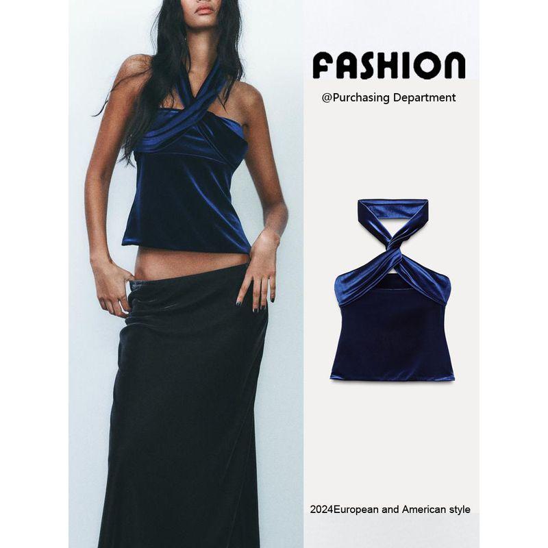 Za2024 Autumn New Women's Clothing Sexy Hanging Collar Velvet Elegance Sleeveless Halter Top 9511072