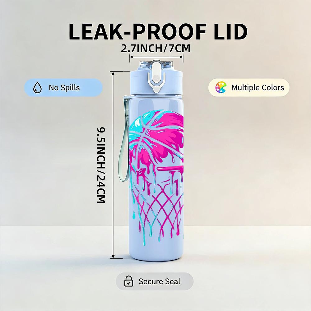 1PC Color Basketball Hoop Splash Print 750ml Color Plastic Water Bottle Leakproof Flip Straw Lid For Sports Office Home Use