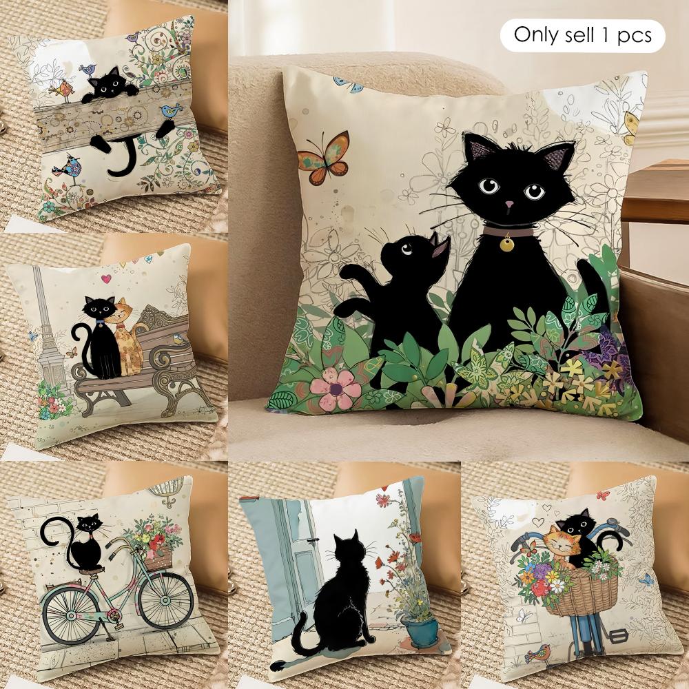 Cartoon Little Black Cat Cushion Cover Silky Short Plush Invisible Zipper Dustproof Sofa Pillow Case For Home Decor