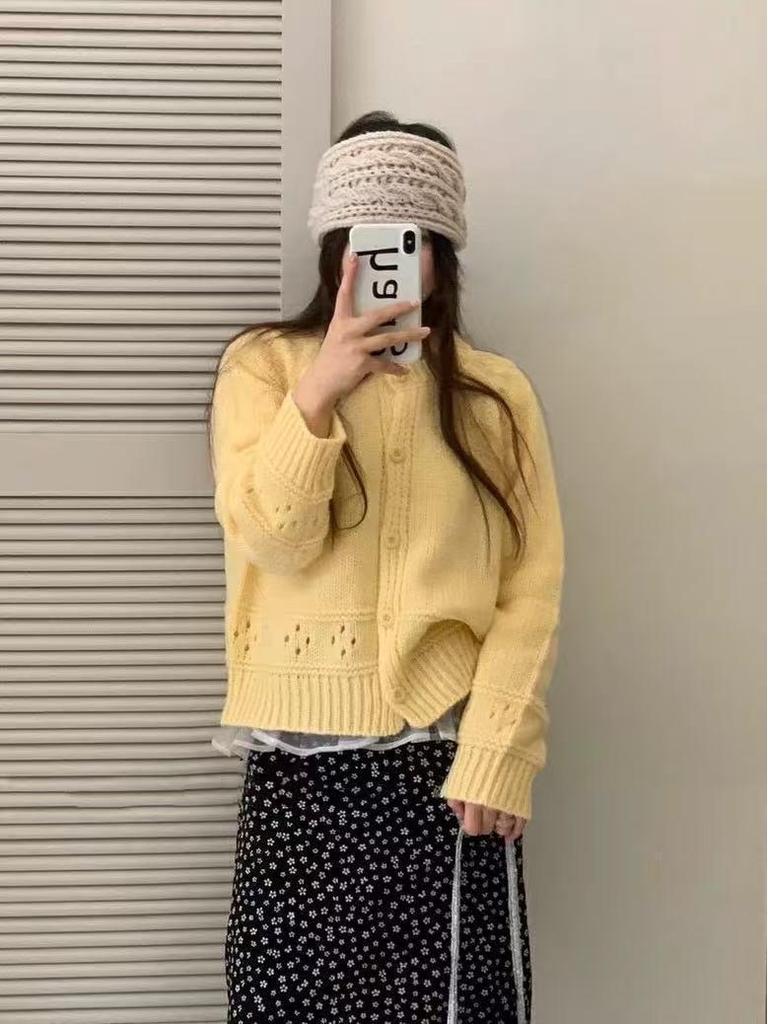 Korejský trendy volný jednoradový kabát: Dámský pletený kardigan s kulatým výstřihem a dutým vzorem podzim/zima