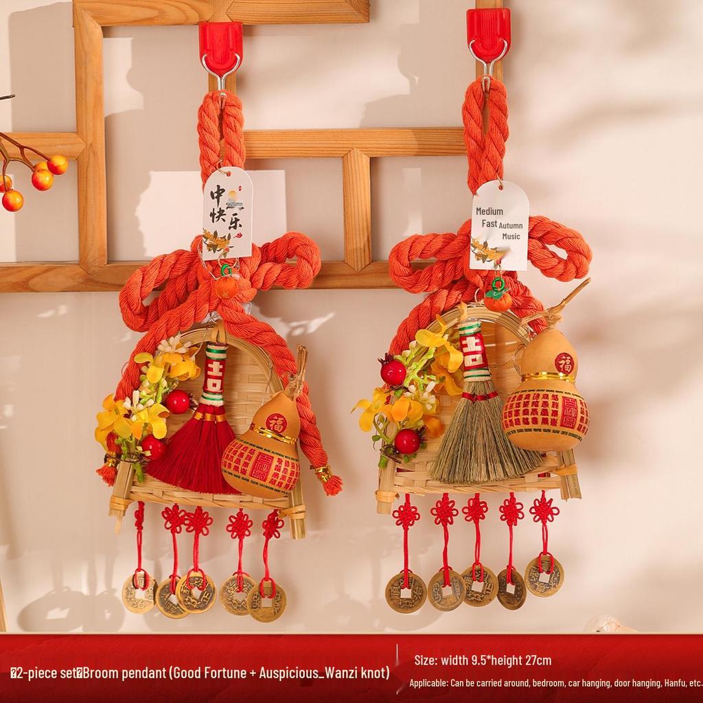 2025 Mid-Autumn Festival Broom Pendant with Wanzi Knot & Gourd Decor for Front Door