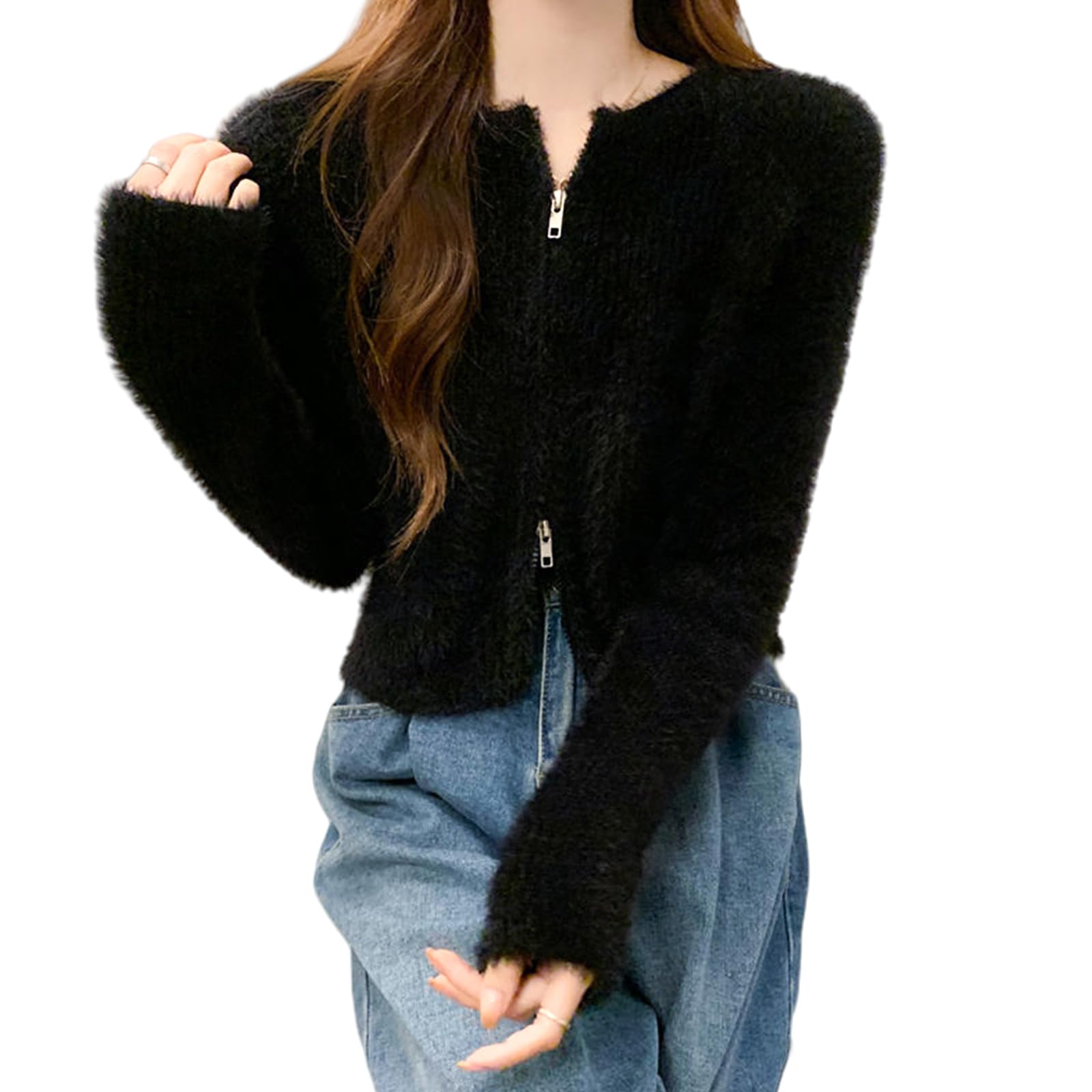 

Fluffy brushed material double zipper cardigan for cropped for autumn and cold outerwear [Tamglean Quion] women, plain, length, spring, winter, чёрный