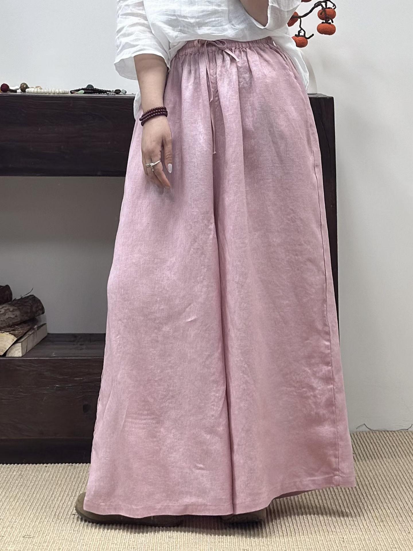 

2026 Artistic Retro Linen Wide-Leg Elastic Waist Skirt Pants for Women – Loose Fit, Plus Size, Spring Collection One Size