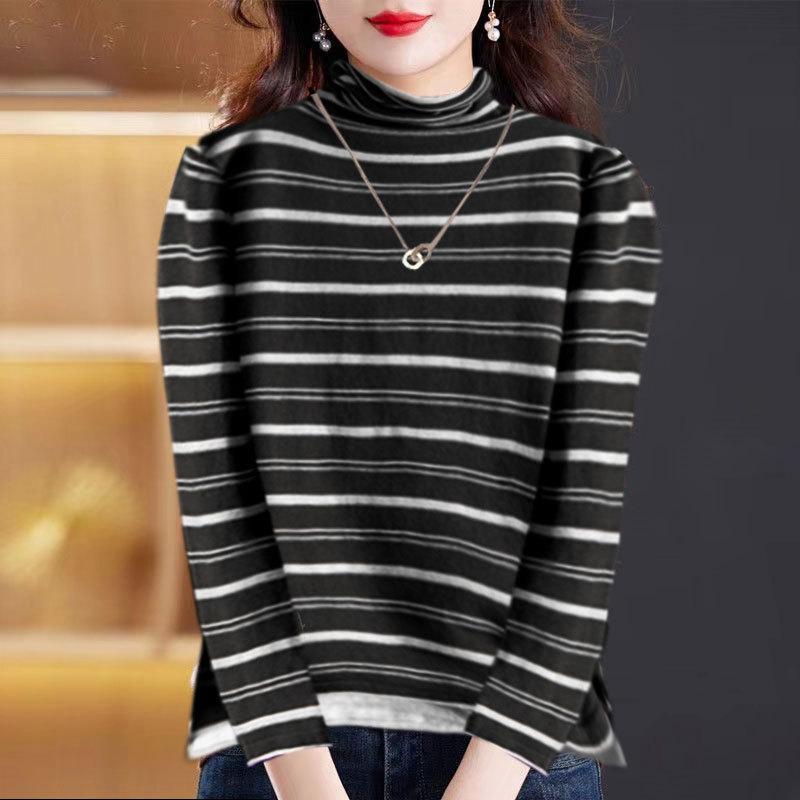 

Double-sided German velvet pile-neck bottoming shirt for women s inner wear, autumn and winter new fashion striped thin long-sleeved T-shirt top M чорний