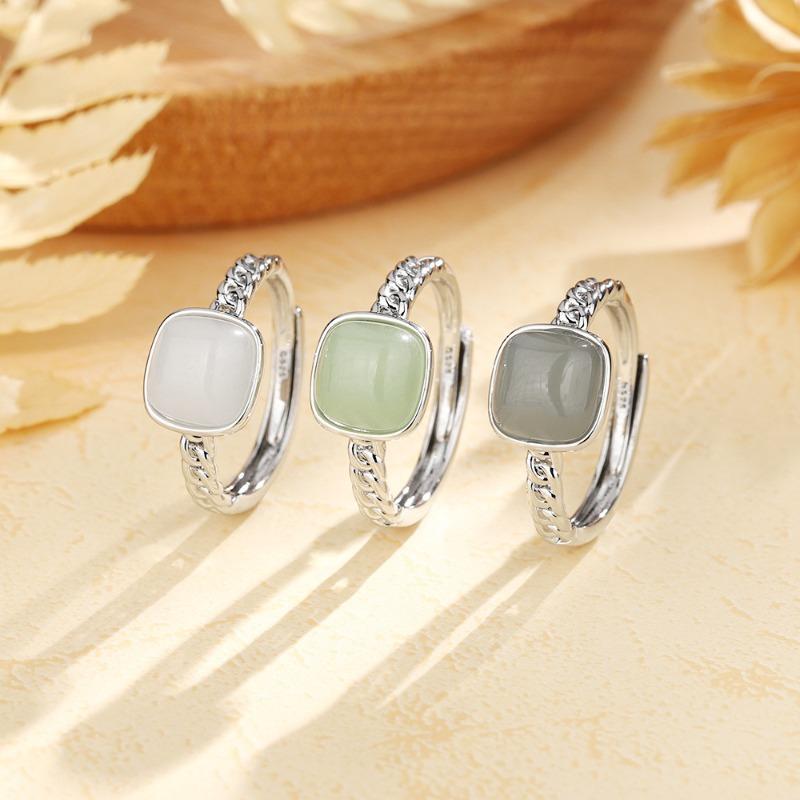 PONYKISS Tibetan Silver Square Jade Chain Adjustable Rings for Women Trendy Fashion Minimalist Chinese Style Accessories