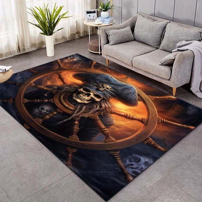 Pirate Skull Steering Wheel Rug for Nautical Themed Rooms - Adventure Decor, Ocean Inspired Flooring Skid resistant carpet