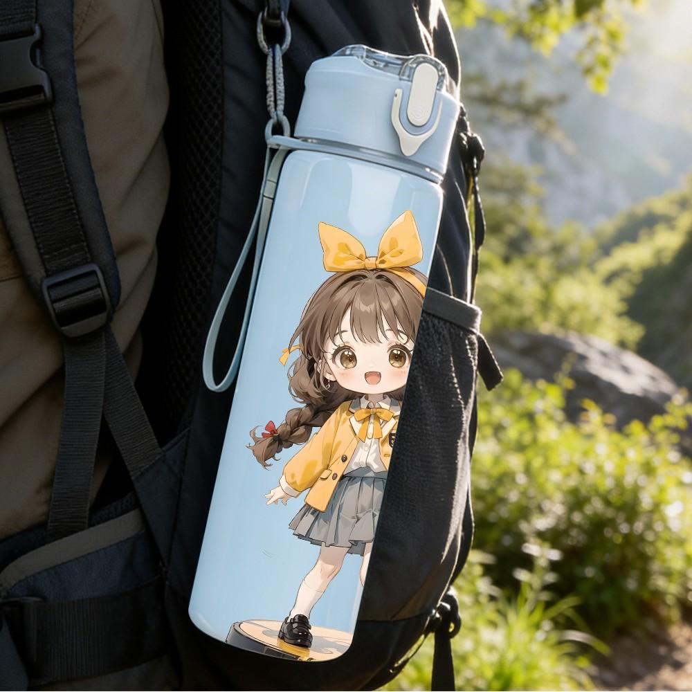 1PC Yellow Hat Girl Fall Season Pattern 750ml Color Plastic Sports Water Bottle Leakproof Flip Straw Lid Suitable for Sports Office Home Use