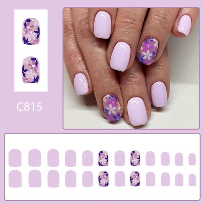 24 Pcs Short Square Press On Nail Flowers False Nail Purple Acrylic Nail Glossy Full Cover Stick On Nail for Woman