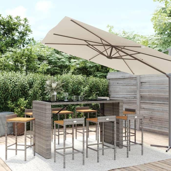VidaXL Ensemble de bar jardin 9 pcs gris poly rotin/bois massif acacia, ensemble de table de bar, ensemble de pub, ensemble 3187689