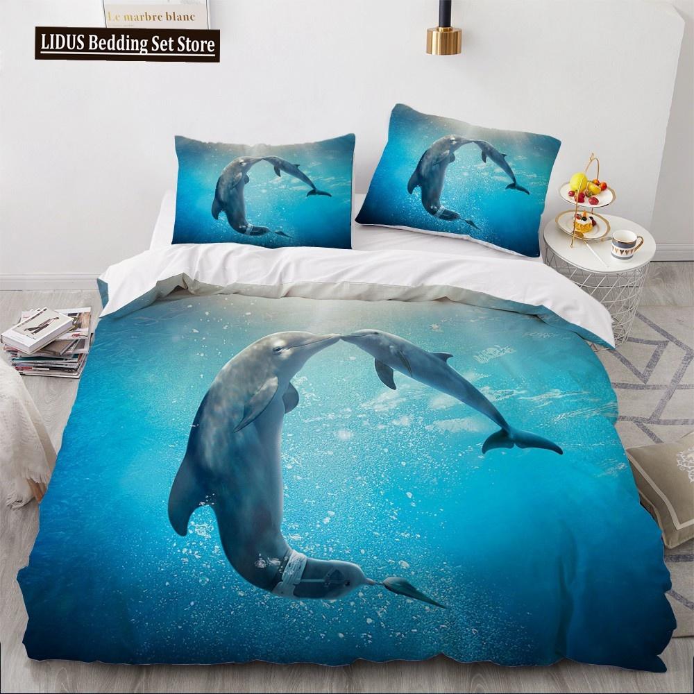 Set Biancheria da Letto 3D alla Moda Delfino Blu del Mare Set Copripiumino Federa Carina Lusso Tessile per la Casa Dimensioni Queen Full 140X200