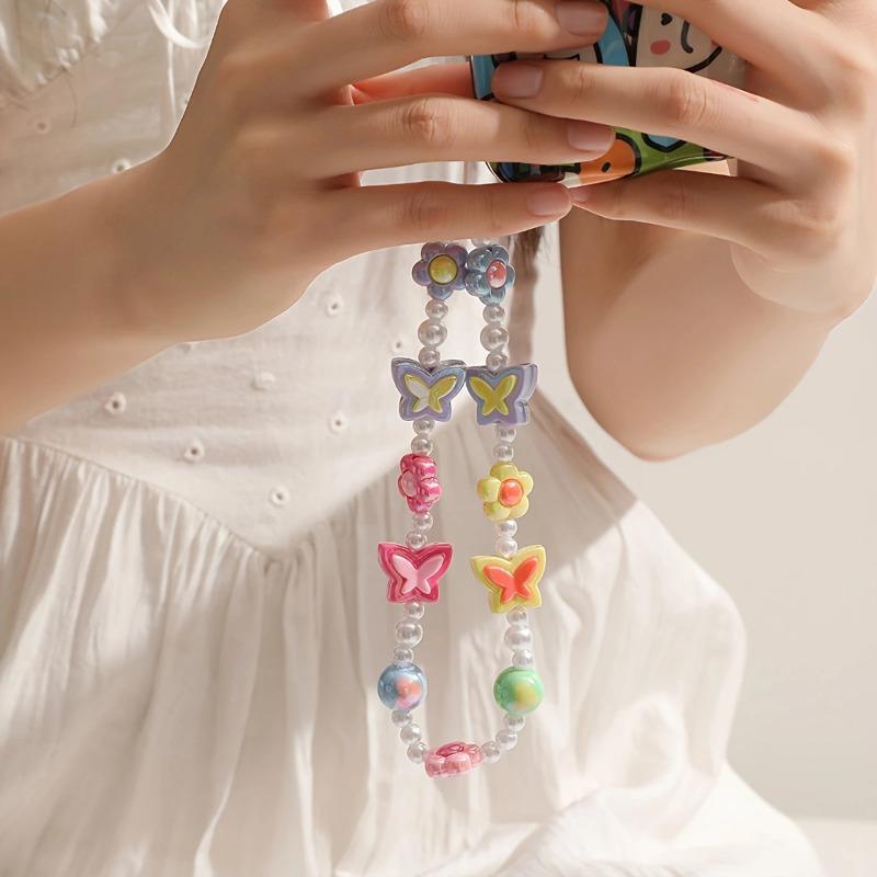 Y2K Cute Sweetheart Butterfly Flower Beaded Mobile Phone Lanyard Girls Camera Keychain Anti-loss Bracelet Rope Backpack Pendant
