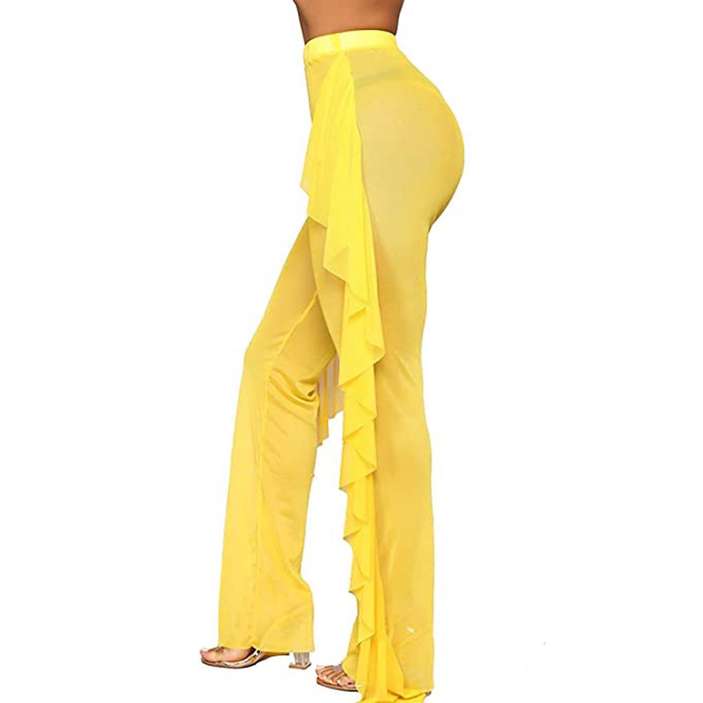 Women's Pleated Mesh Trousers Thin Transparent Irregular Full Length Pants