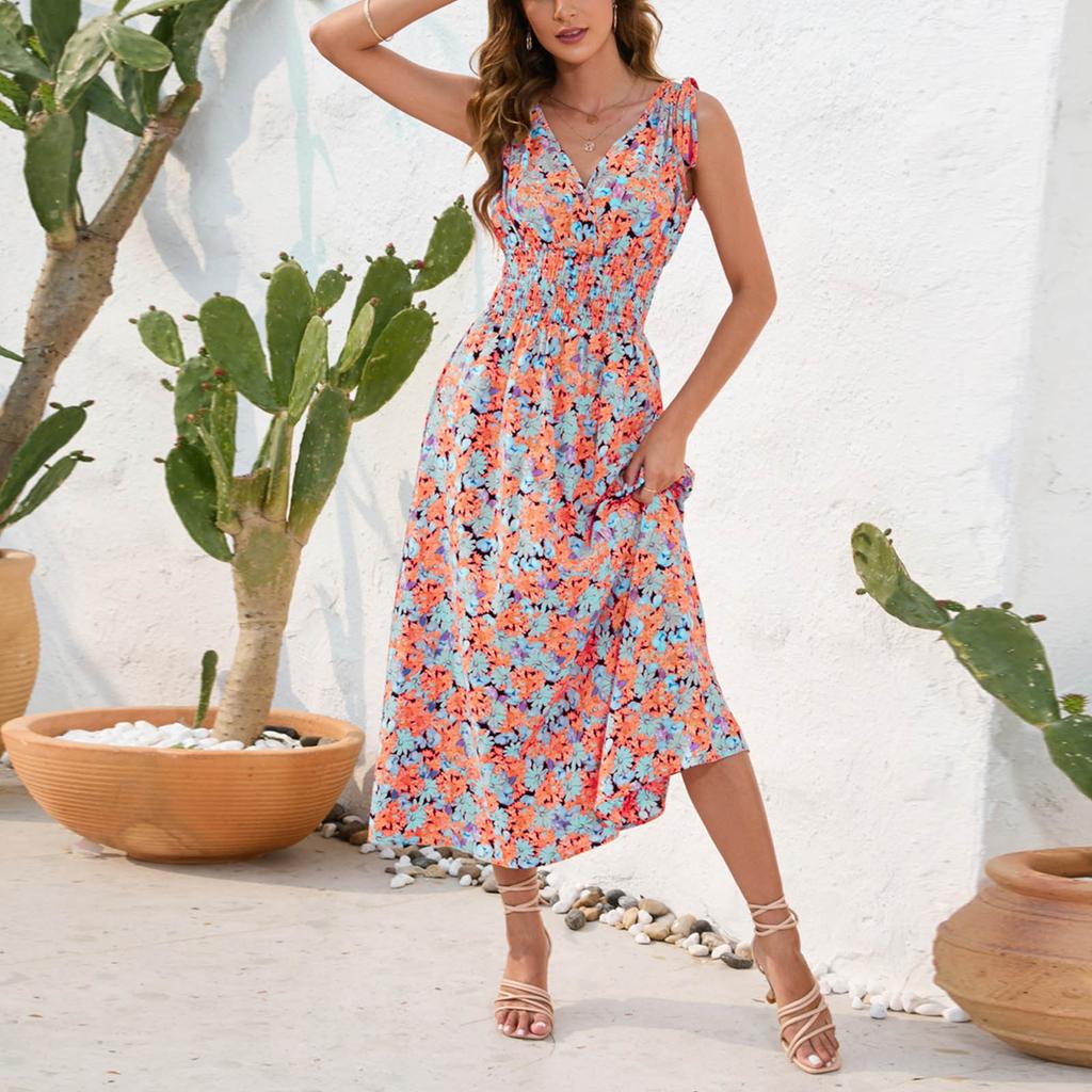 Women's Summer Floral Print Dress Fashion Sleeveless Beach Dress