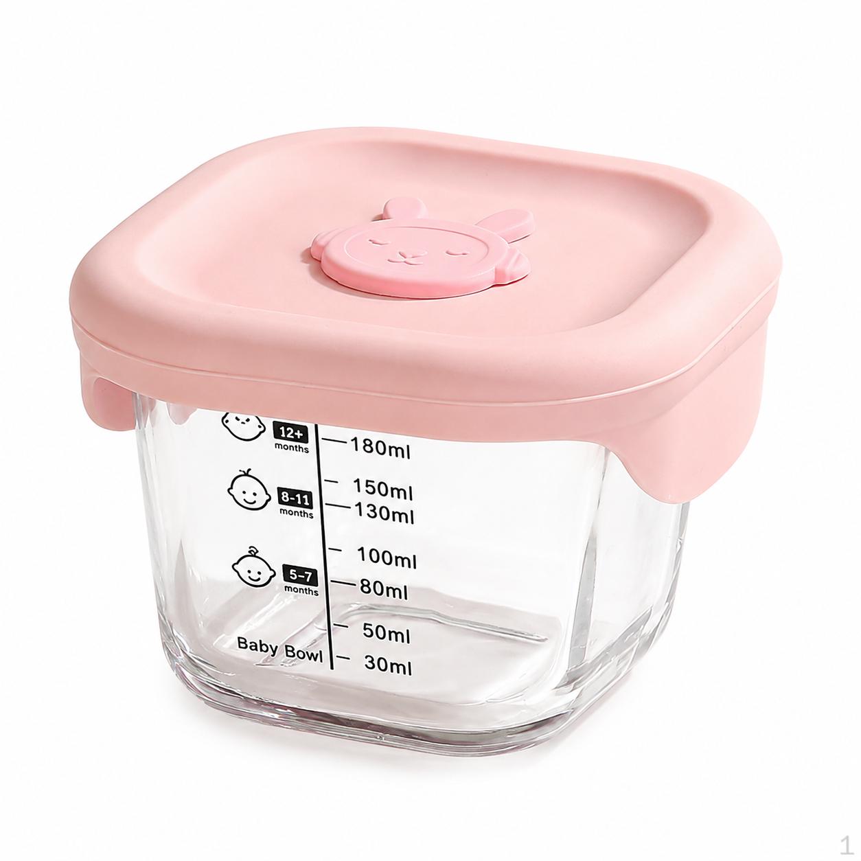Baby Hitzebeständiger Lebensmittelaufbewahrungsbehälter aus hohem Borosilikatglas mit Silikondeckel zum Dämpfen, Pink Square 230ml Tall beige