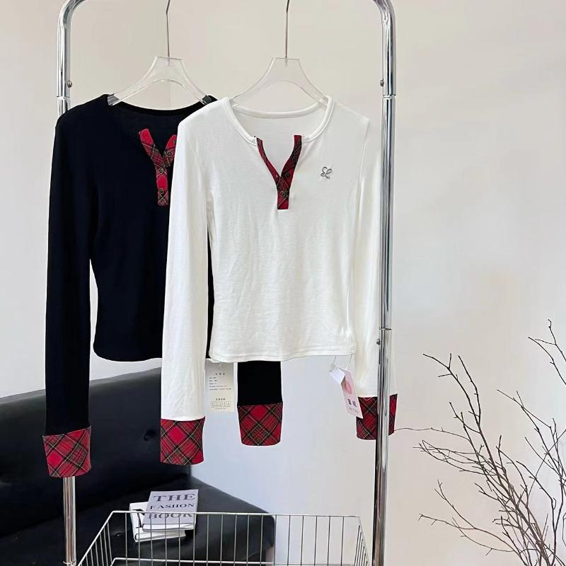 T-shirts à Carreaux de Créateur de Mode Coréen pour Femmes Automne Hiver Patchwork Manches Longues Esthétique Vintage Années 2000 Tendance Hauts Col Rond