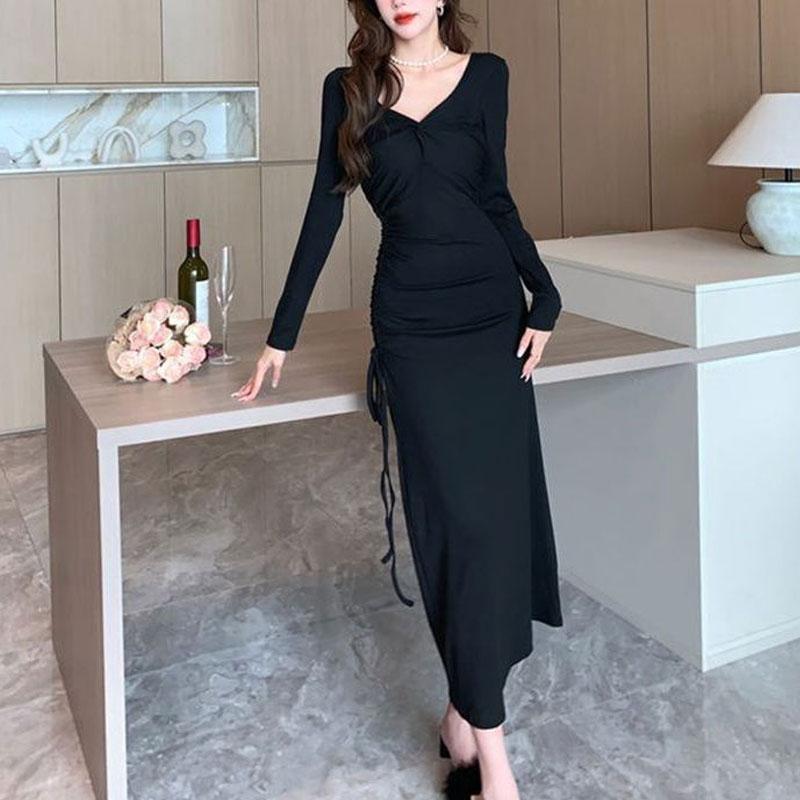 

Women s Orange V-Neck Dress Long Sleeve Ruched Midi Bodycon Casual Party Dress S чёрный