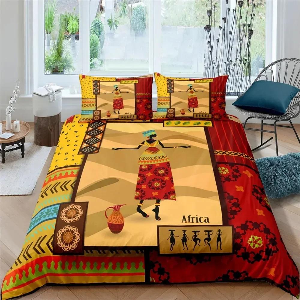 Afrikanische Frau King Queen Bettbezug Retro Exotische Tribal Black Girl Muster Bettwäsche Set Afrika Polyester Quilt Cover Kissenbezug