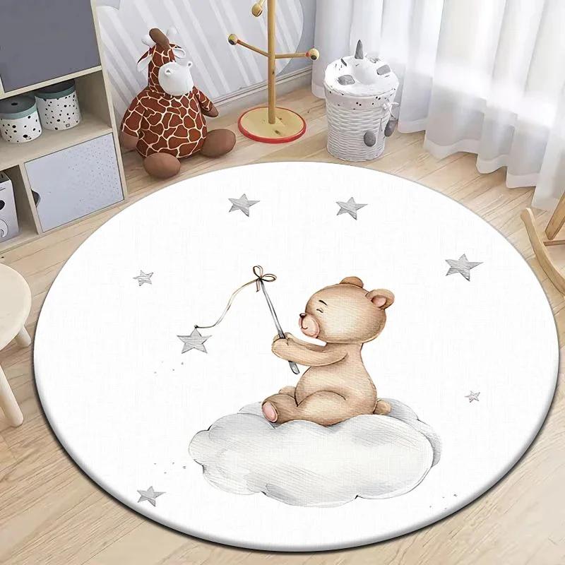 Cartoon Cute Little Bear Animals Round Carpet for Living Room Decor Kid's Bedroom Play Floor Mat Anti-Slip Camping Picnic Mats