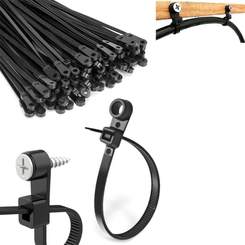 100PCS Automatic Locking Nylon Cable Tie Buckles 18kg Capacity Black White with Screw Mounts for Secure Cord Management