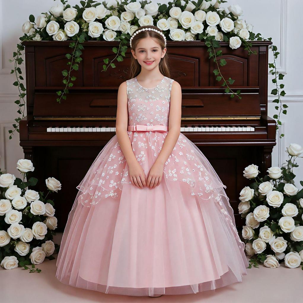 European & American Girls' Lace Flower Princess Dress with Bow & Small Train