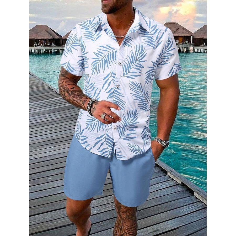 Men's Summer Tropical Flower Hawaiian Shirt, Palm Leaf Print Short-Sleeve Shirt and Shorts Set