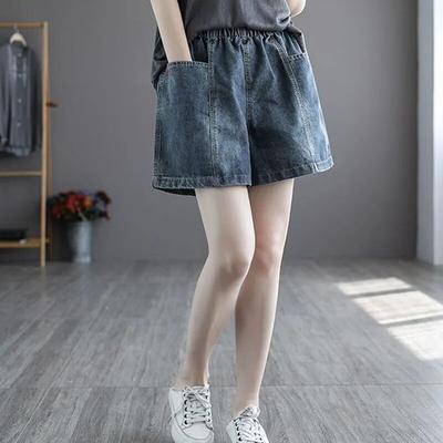 Women's Solid Color Loose Denim Shorts Women's Clothing Summer New Vintage Simplicity Elastic Waist Pockets Shorts