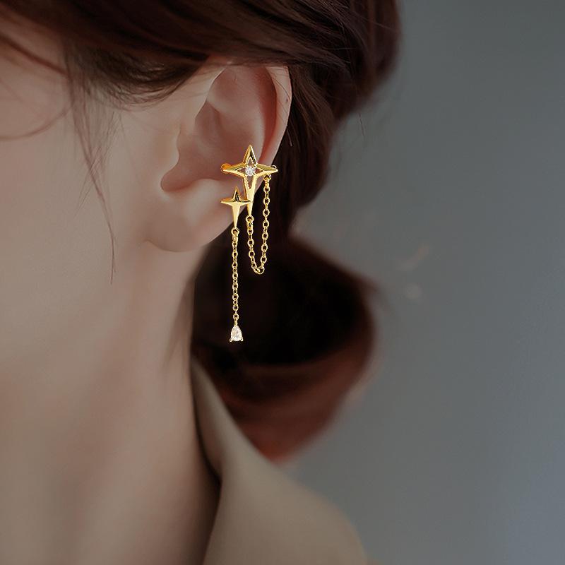 Shiny Cross Stars Tassel Clip Earrings Fake Piercing Ear Cuff Clip-On Earrings Without Hole Clips On Ears Earring Star Cartilage