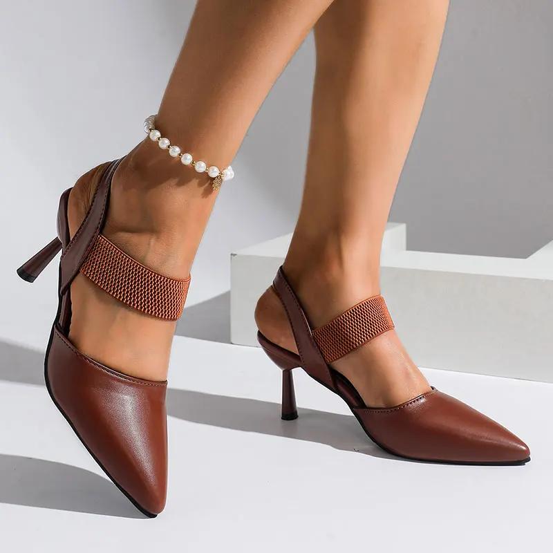 Elegant Rose Red High Heel Sandals for Women Pu Leather Thin Heels Dress Party Shoes Plus Size Elastic Band Pointed Toe Sandals