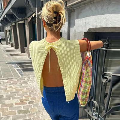Spring and Summer Women's Round Neck Sexy Backless Knitted Tether Top Vest Loose Vest