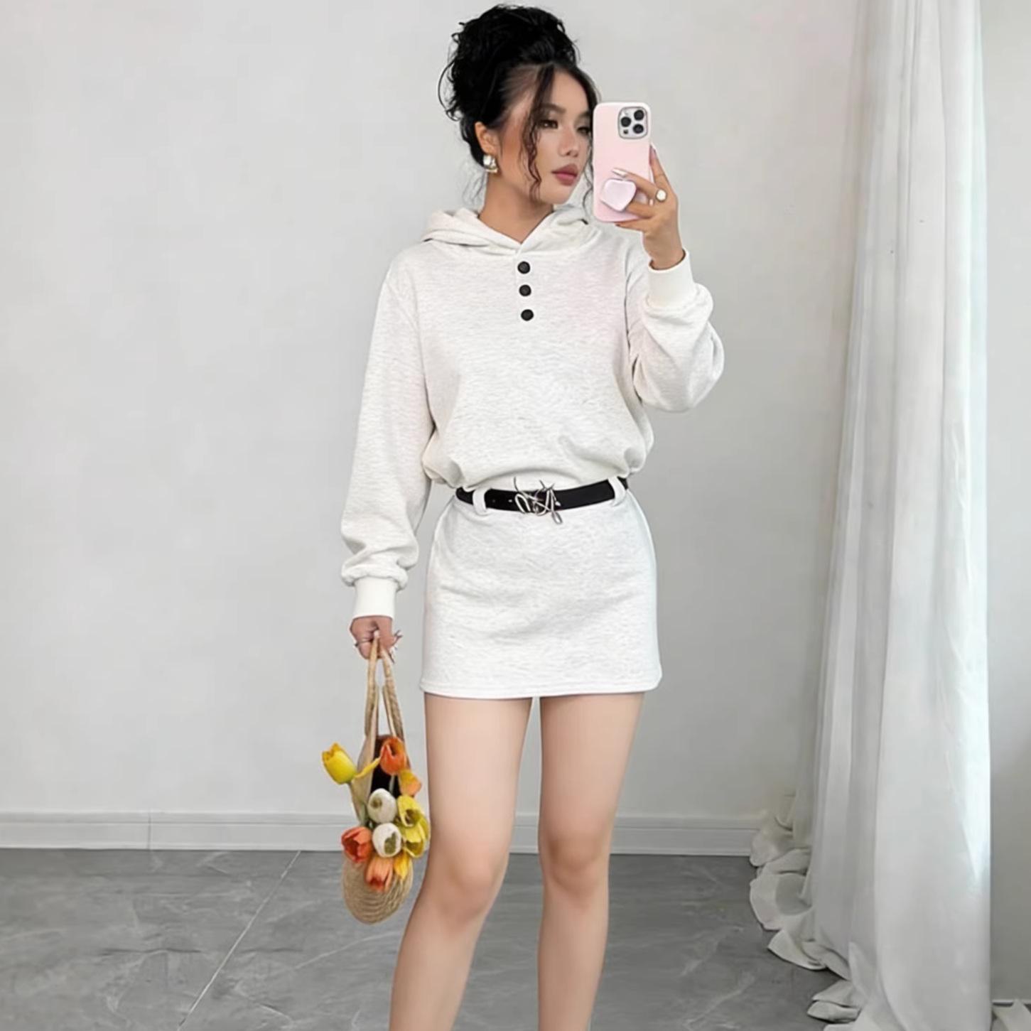 Autumn/Winter Women s College Style Hooded Sweatshirt Dress, Waist-Cinched, Slimming Hip-Hugging Short Skirt L