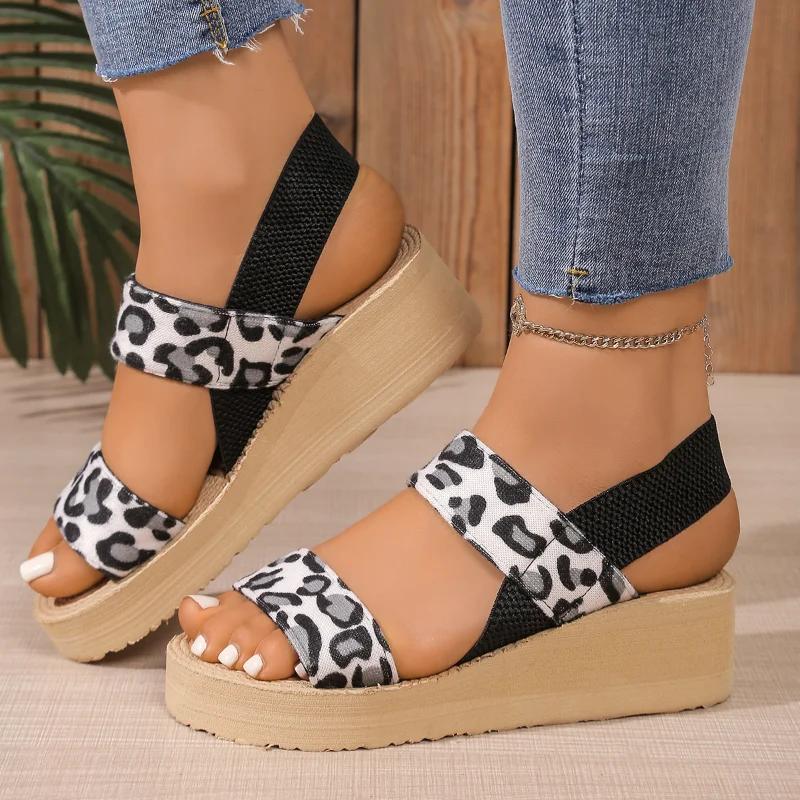 Fashion Leopard Print Wedge Sandals Women 2025 Summer Comfort Thick Sole Beach Shoes Woman Lightweight Platform Sandalias Mujer