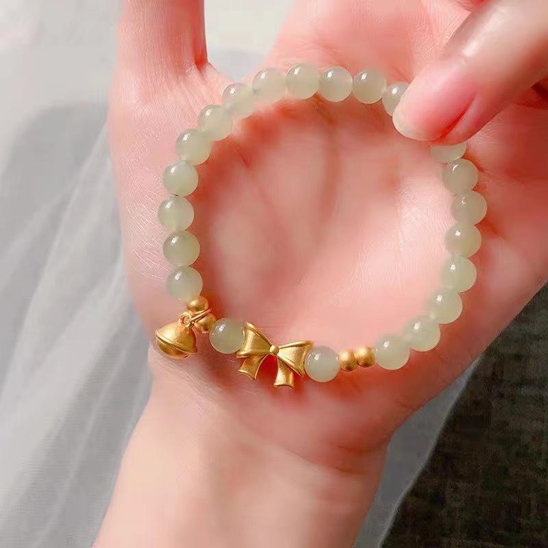 Vietnamese Sand Gold Bow Bracelet with Imitation Hetian Jade & Brass Gold-Plated Bells