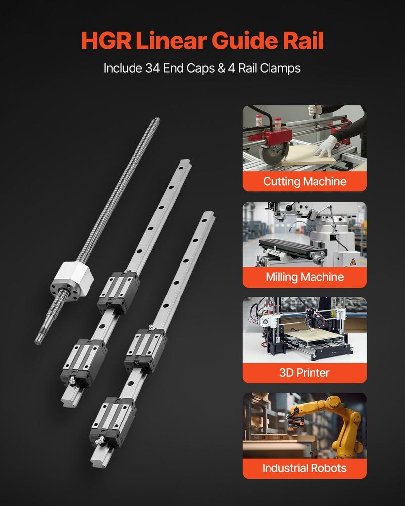 Linear Rail Guide Kit, HGR20, 2PCS 600 mm (23.62 inch) Linear Rails and 1PCS Ball Screw, 4PCS Slide Blocks, with BF12/BK12 End Support, Coupling, and