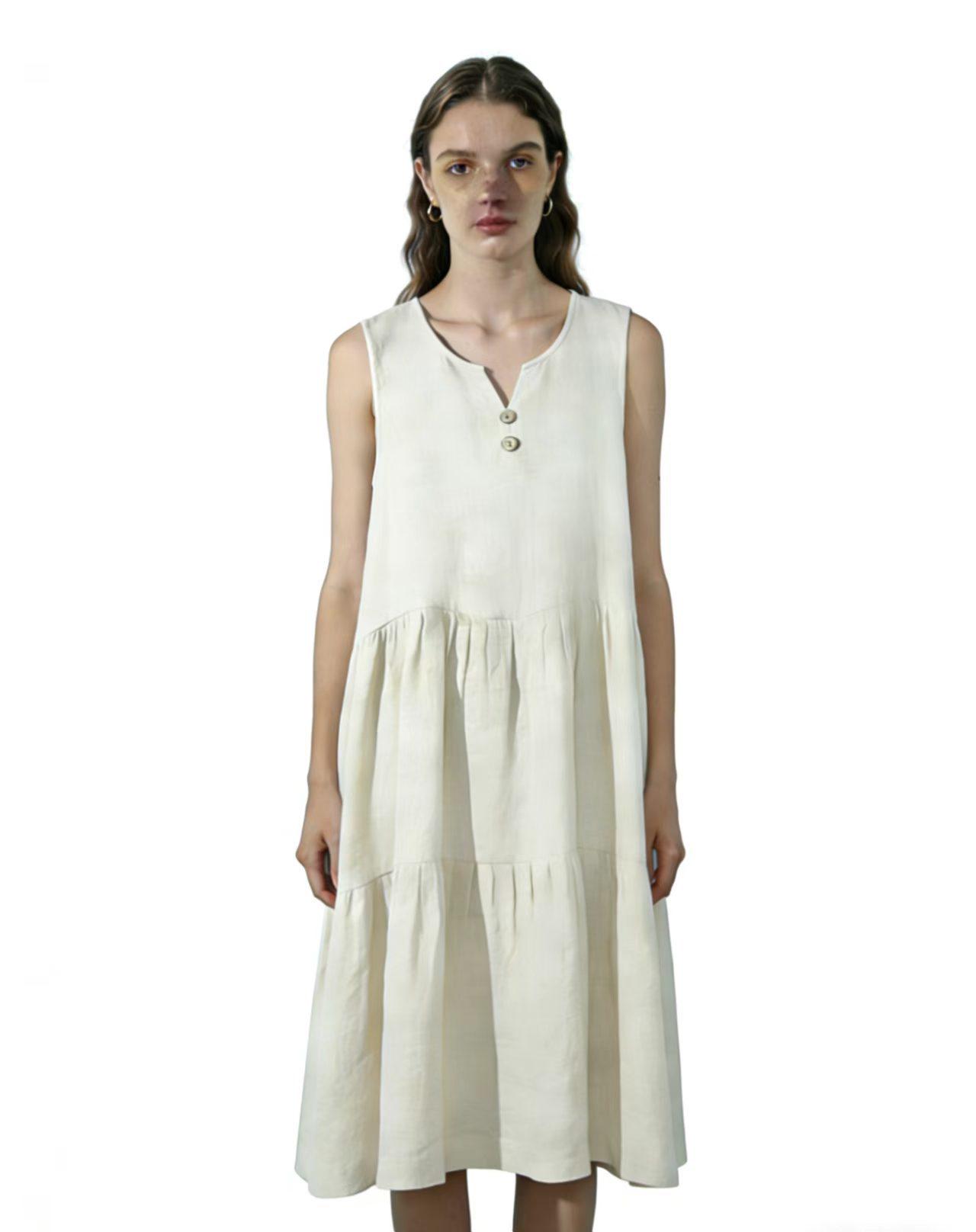 

Женское летнее льняное платье с V-образным вырезом без рукавов, европейский и американский стиль - Свободный и повседневный однотонный дизайн Large