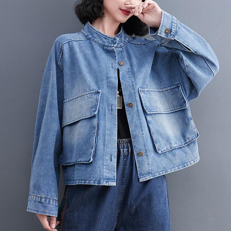Loose Big Pocket Stand Collar Denim Jackets Female Long Sleeve Loose Long Sleeve Outwear Women's Coat 2025 Autumn
