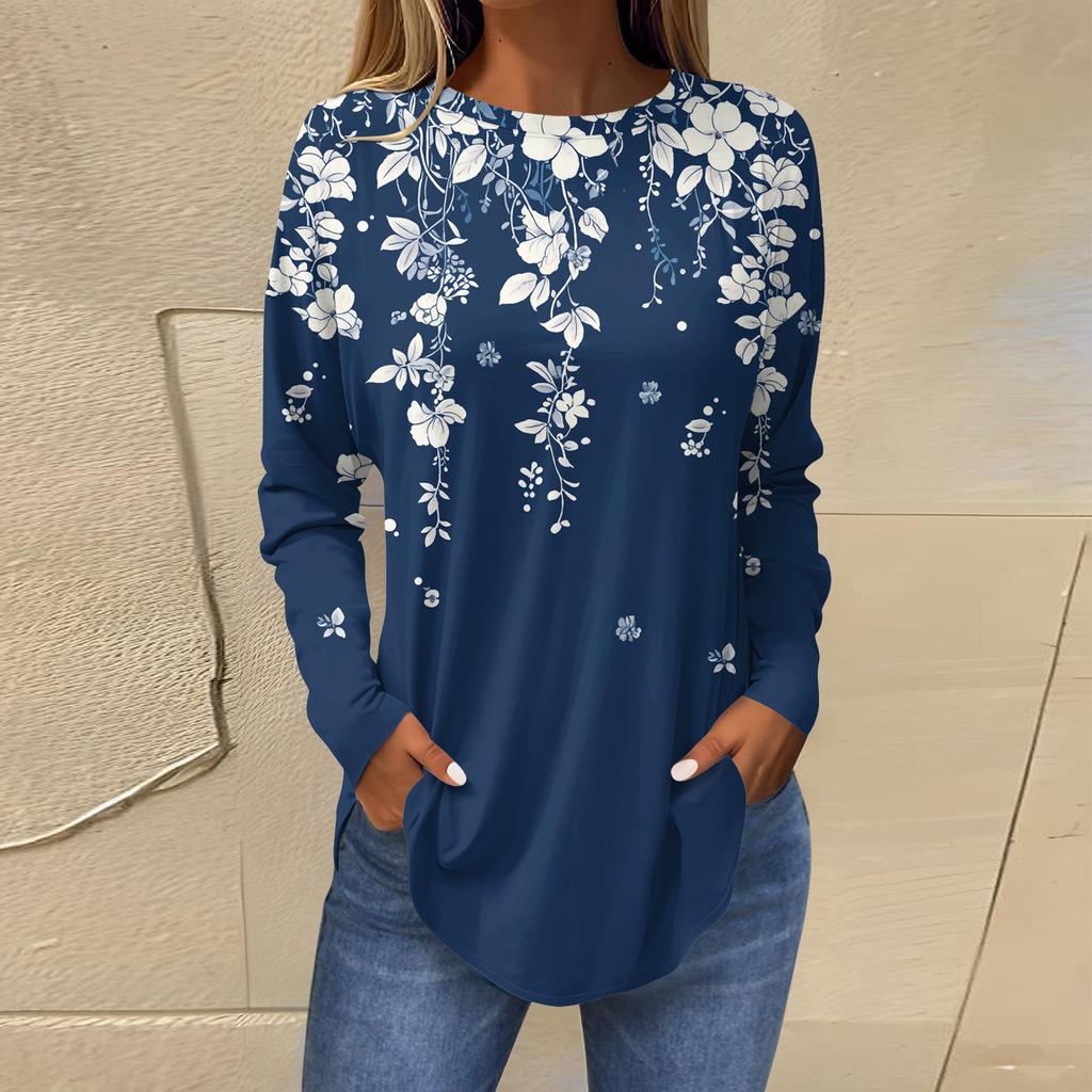 Damen T-Shirts Niedlich Vintage Musterdruck T-Shirt Langarm Tunika Oberteile Baumwolle Pullover