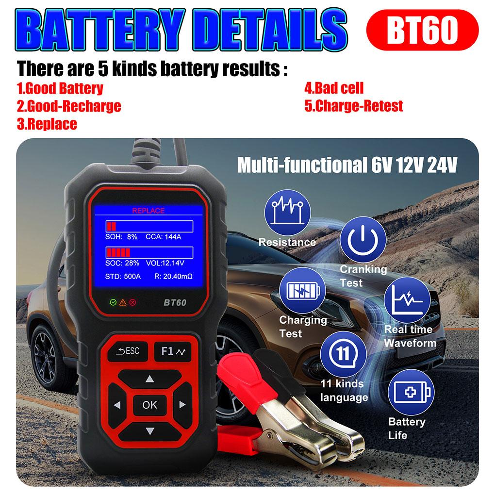 BT60 Autobatterietester 6V 12V 24V Erkennung Autobatterie-Analysator Batterie 2,4 Zoll Autobatterie-Werkzeug für Auto LKW Motorrad Wohnmobil