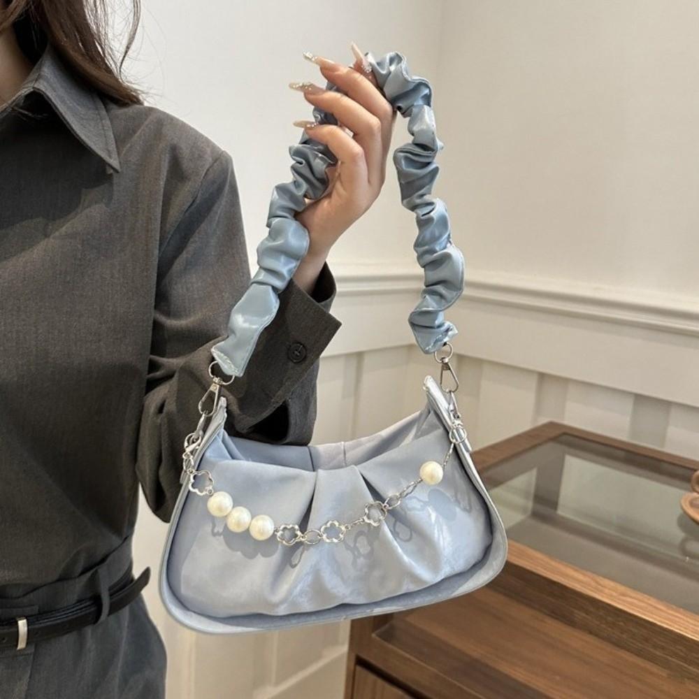 PU Leather Cloud Shoulder Bag Korean Style Pleated Handbag Pearl Chain Crossbody Bag  Office Worker