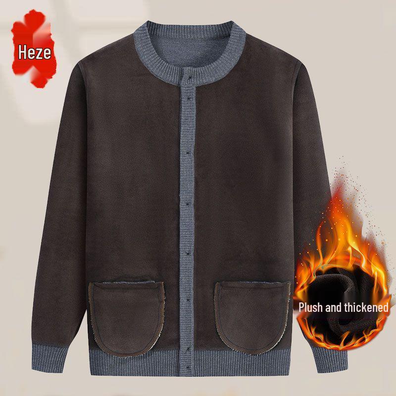 Men's Mid-Age & Elderly Knitted Cardigan: Warm, Thick Velvet Sweater Coat for Autumn/Winter