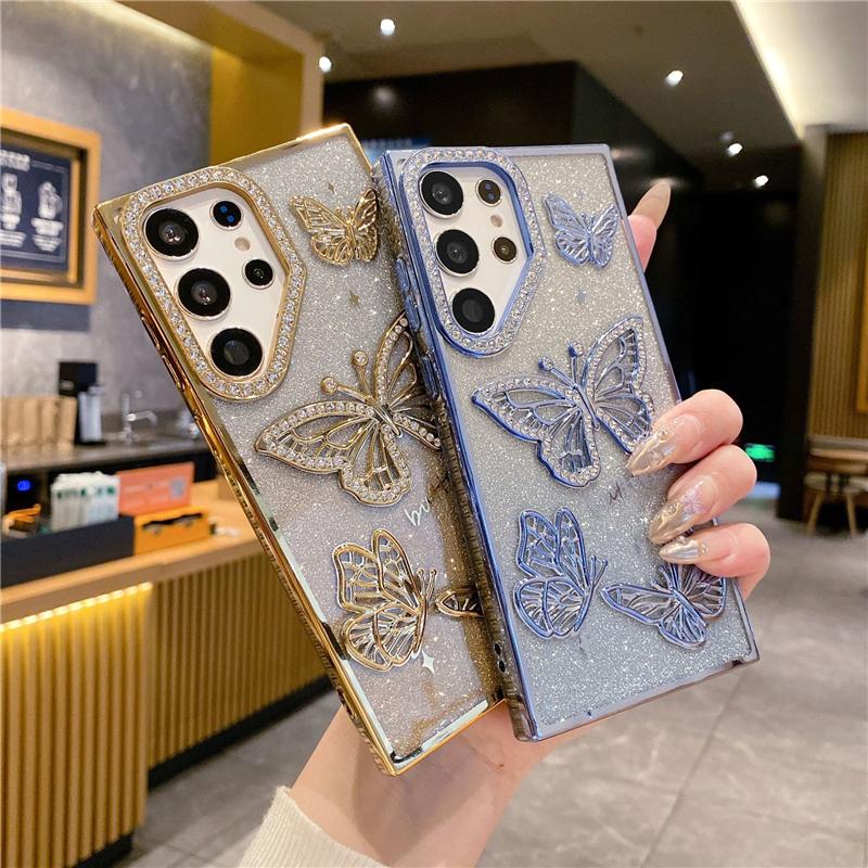For Samsung Galaxy S25 Ultra Luxury Glitter Rhinestone Butterfly Plating Frame For Samsung S23 FE S24 S25 Plus Protective Cover