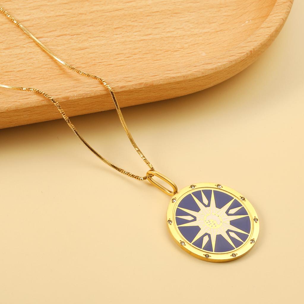 Fashion Creative Round Shining Pattern Pndant Necklace Stainless Steel Gold Plated Necklace for Women 316L Jewelry Gift